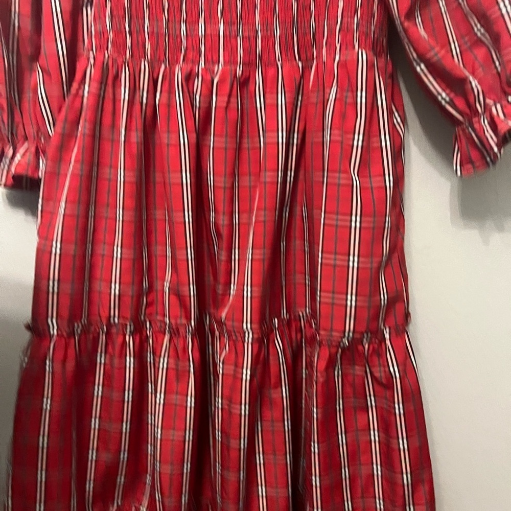 Festive Plaid Smocked Midi Dress with Puff Sleeves in Red - Picture 3 of 8